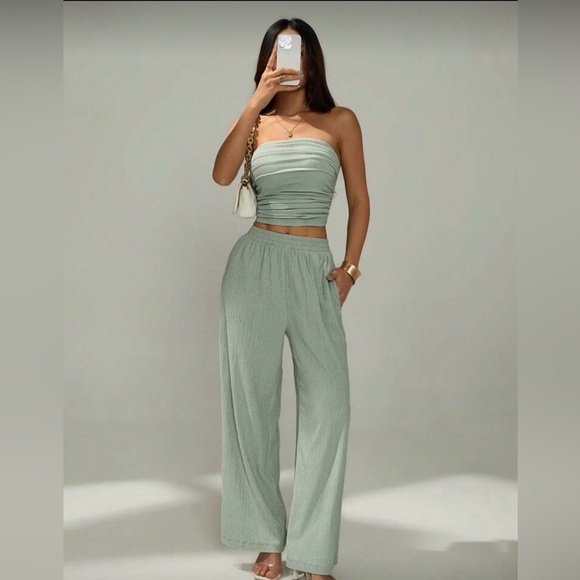 Sage Green Wide Leg Pants & Strapless Ruched Top - Picture 3 of 14